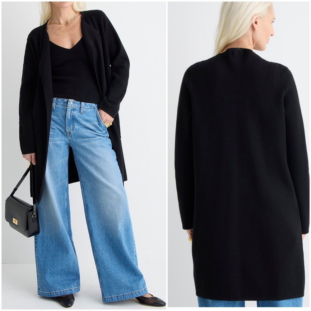 J. Crew Juliette Collarless Blazer Cardigan Sweater Black Open Front Knit ** M/L